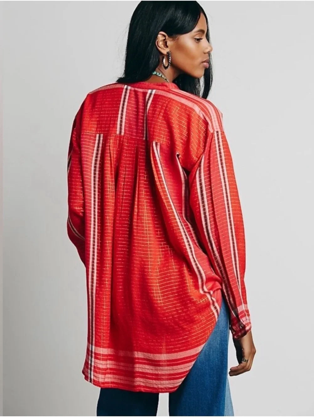Free People Orange and Gold Long Sleeve Yarn Dye Lurex Tunic Top, Small - Picture 2 of 12